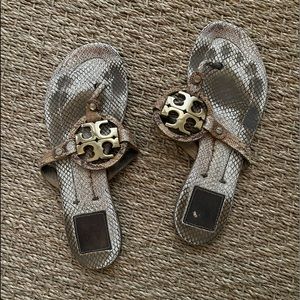 Tory Burch Miller Snakeskin Tan Snake-Embossed Python Sandals Flip flops | US 8